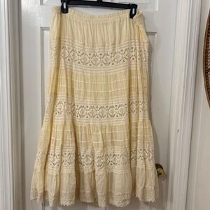 Decorated Originals Crochet Maxi Skirt 3X Cream Lace Tiered Boho Prairie Hippie